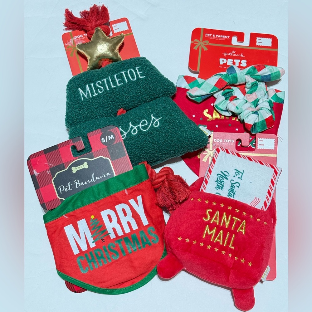 Woof and hallmark 2 dog toys -Christmas tree and mailbox. 2 Xmas bandanas